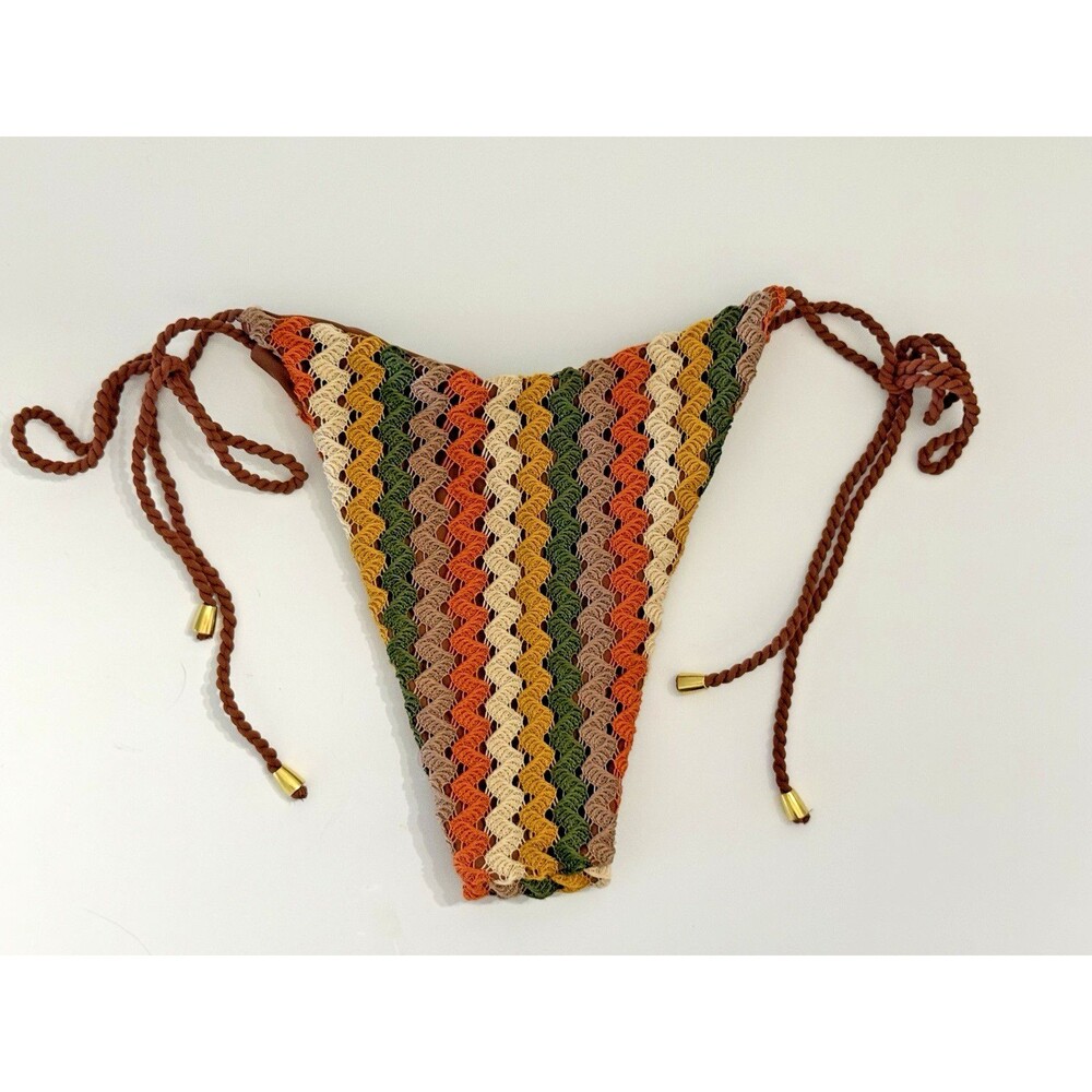 Crochet Bikini Bottom Boho Chevron Zigzag Earth Tone Tie Side Festival Swim Med